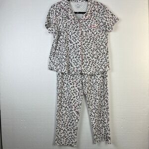 Karen Neuburger 2 Piece Pajama Set Womens Medium Pink White Black Leopard Print‎